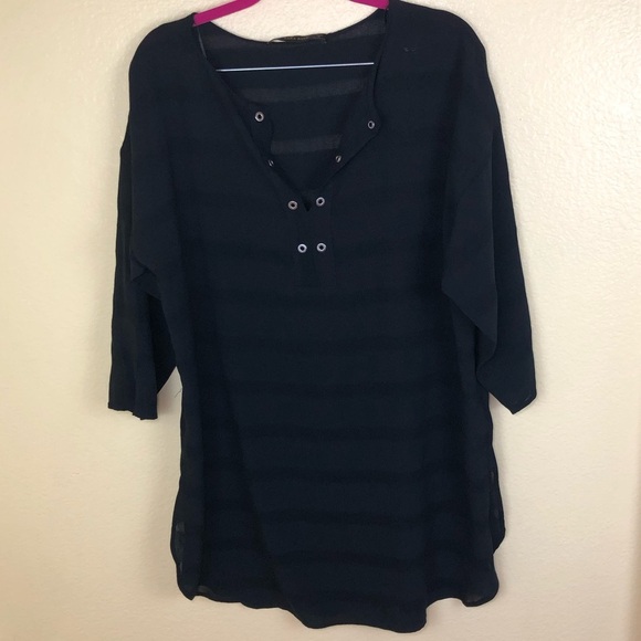 Zara Basic Black Striped 3/4 Sleeve Split Neck lagenlook Tunic Blouse Size L - Picture 2 of 7